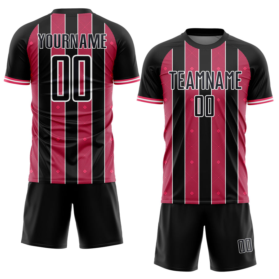 Custom Black Neon Pink-White Pinstripe Line Sports Sublimation Soccer Uniform Jersey