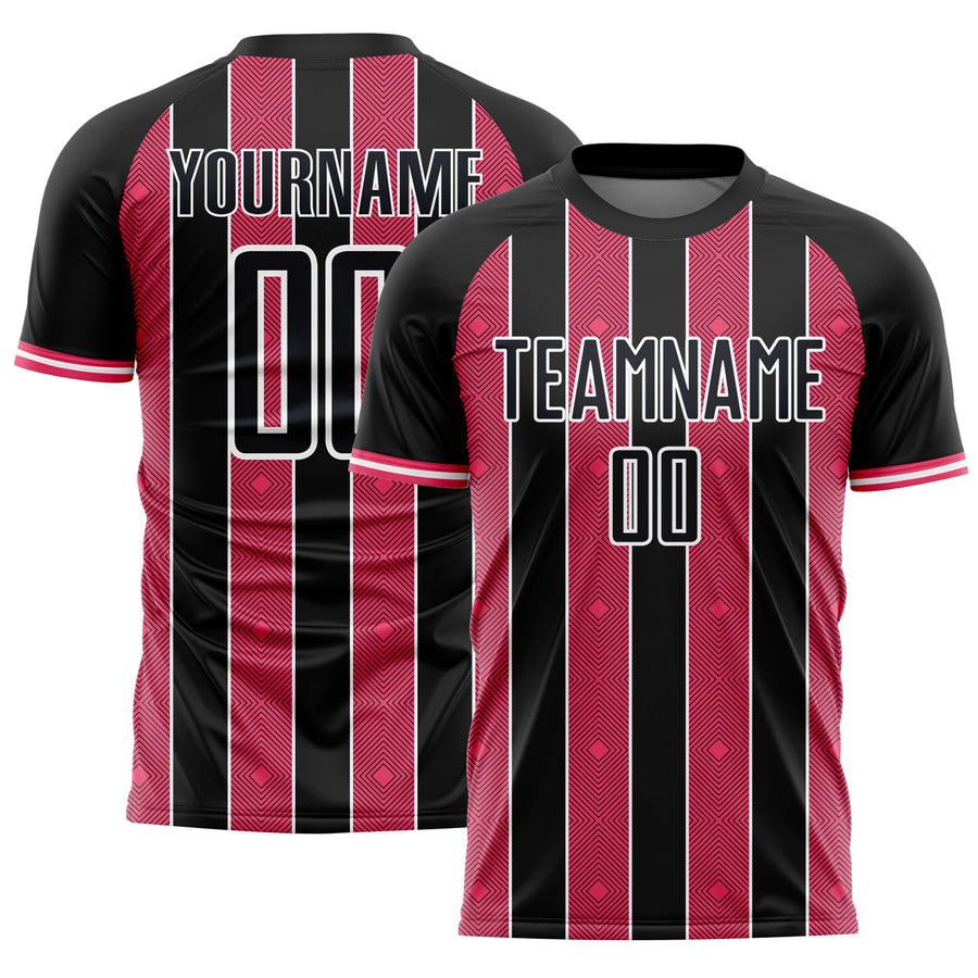 Custom Black Neon Pink-White Pinstripe Line Sports Sublimation Soccer Uniform Jersey