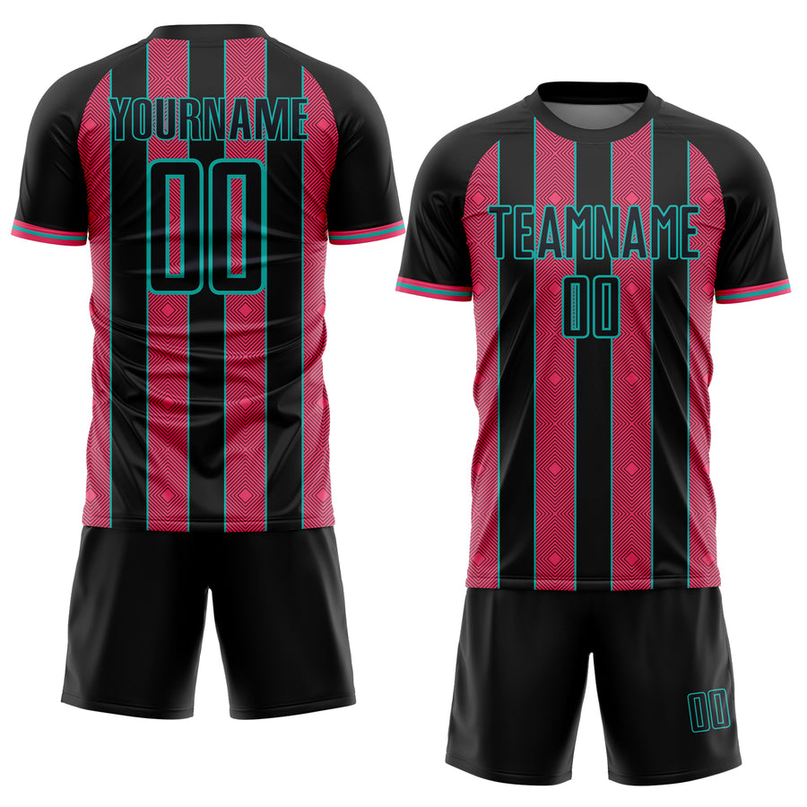 Custom Black Neon Pink-Aqua Pinstripe Line Sports Sublimation Soccer Uniform Jersey