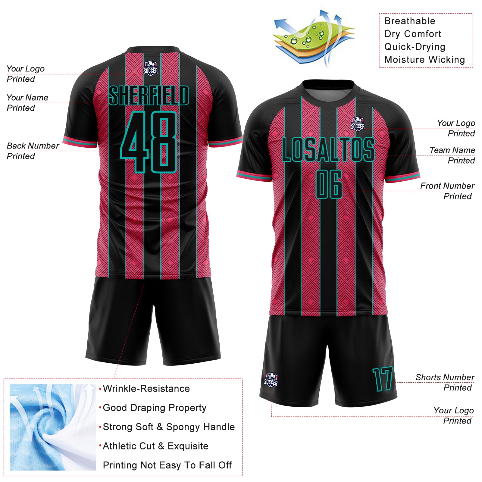 Custom Black Neon Pink-Aqua Pinstripe Line Sports Sublimation Soccer Uniform Jersey