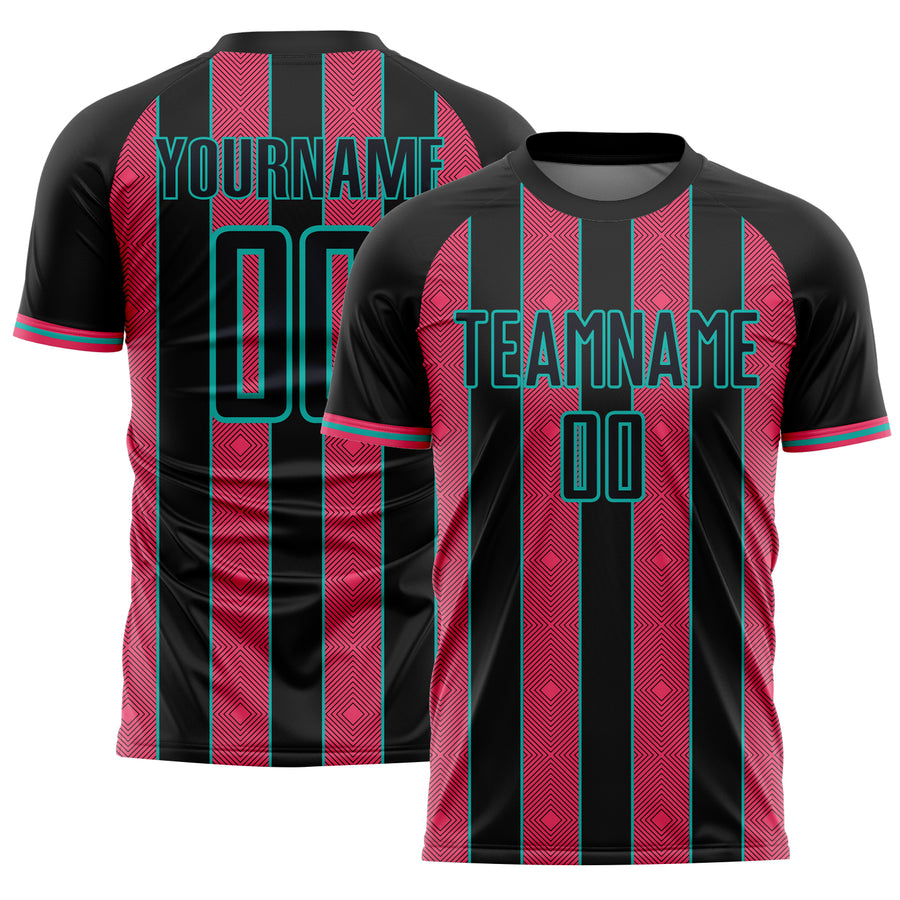 Custom Black Neon Pink-Aqua Pinstripe Line Sports Sublimation Soccer Uniform Jersey