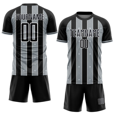 Custom Black Silver-White Pinstripe Line Sports Sublimation Soccer Uniform Jersey