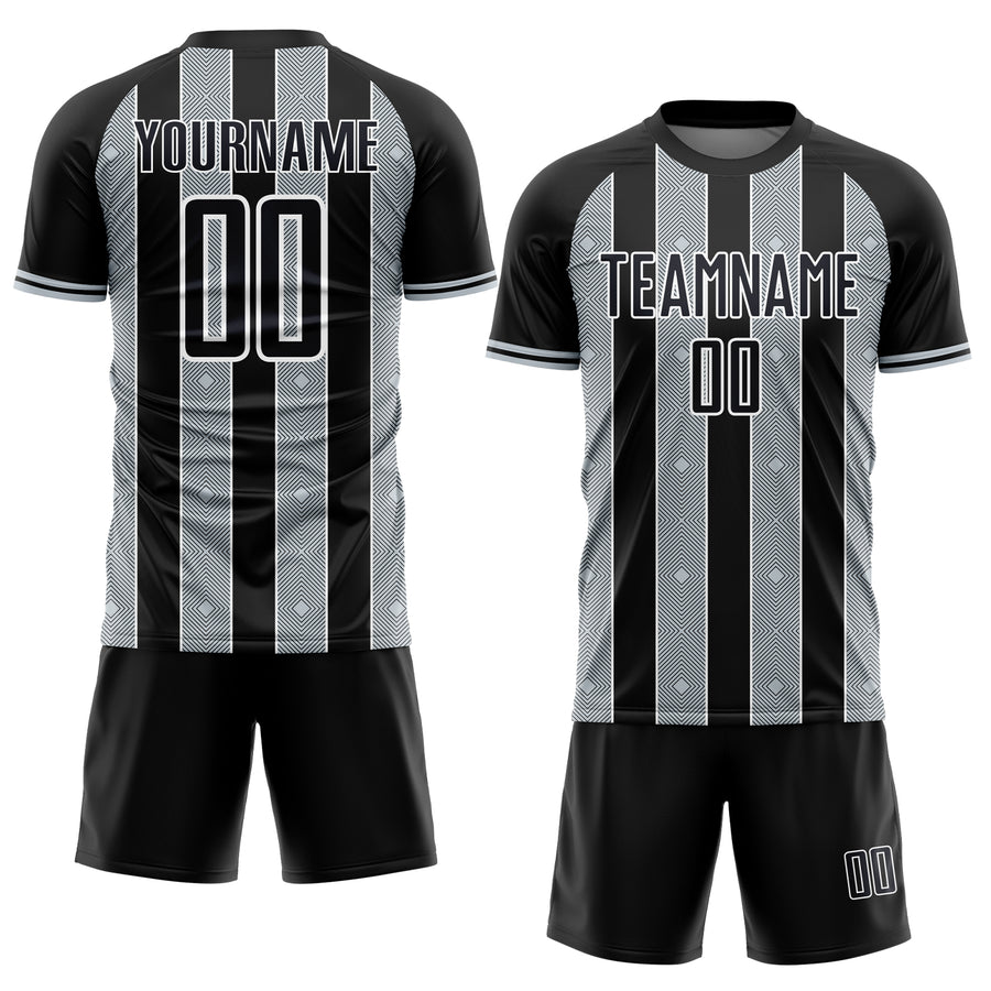 Custom Black Silver-White Pinstripe Line Sports Sublimation Soccer Uniform Jersey