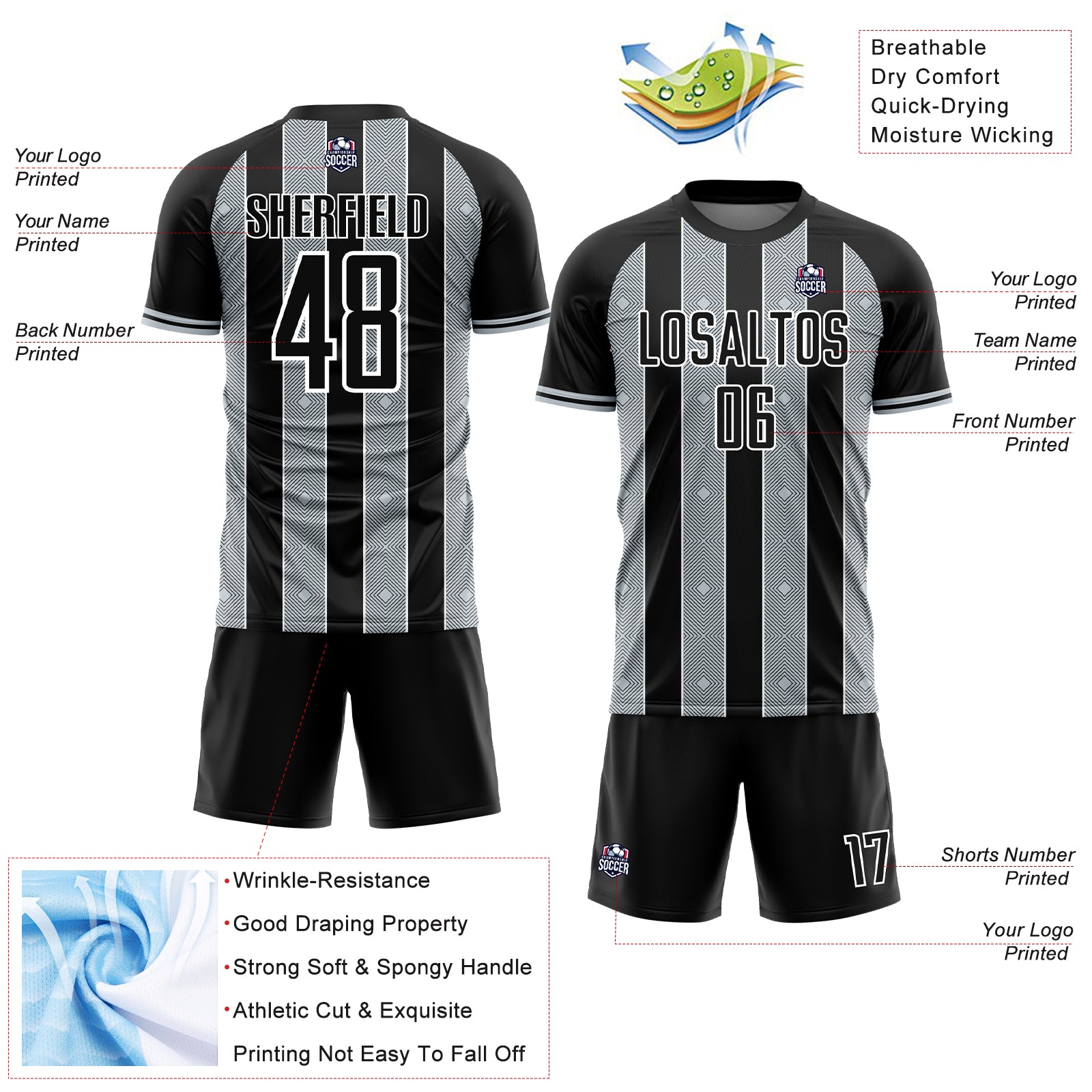 Custom Black Silver-White Pinstripe Line Sports Sublimation Soccer Uniform Jersey