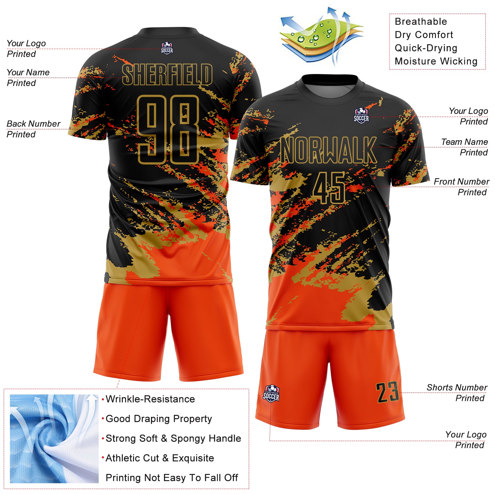 Custom Black Orange-Old Gold Abstract Fragment Art Splash Sports Sublimation Soccer Uniform Jersey