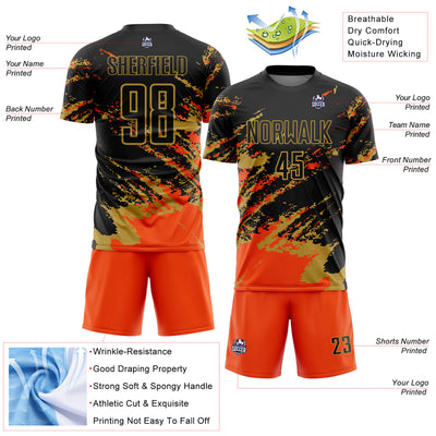 Custom Black Orange-Old Gold Abstract Fragment Art Splash Sports Sublimation Soccer Uniform Jersey