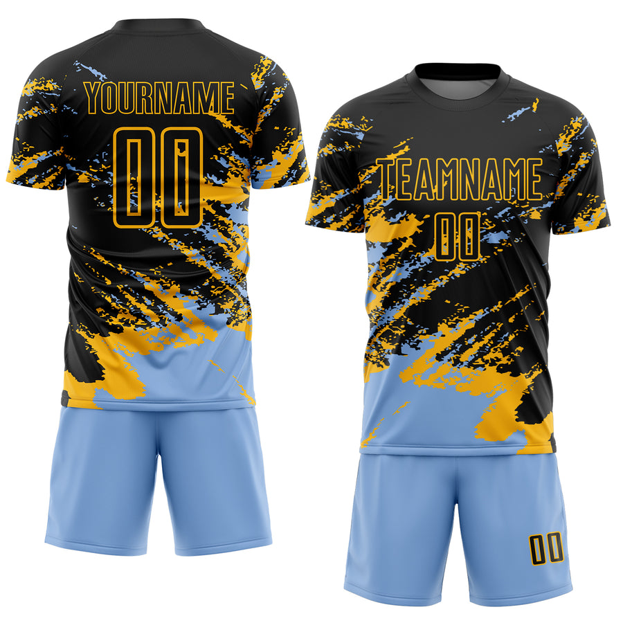 Custom Black Light Blue-Gold Abstract Fragment Art Splash Sports Sublimation Soccer Uniform Jersey