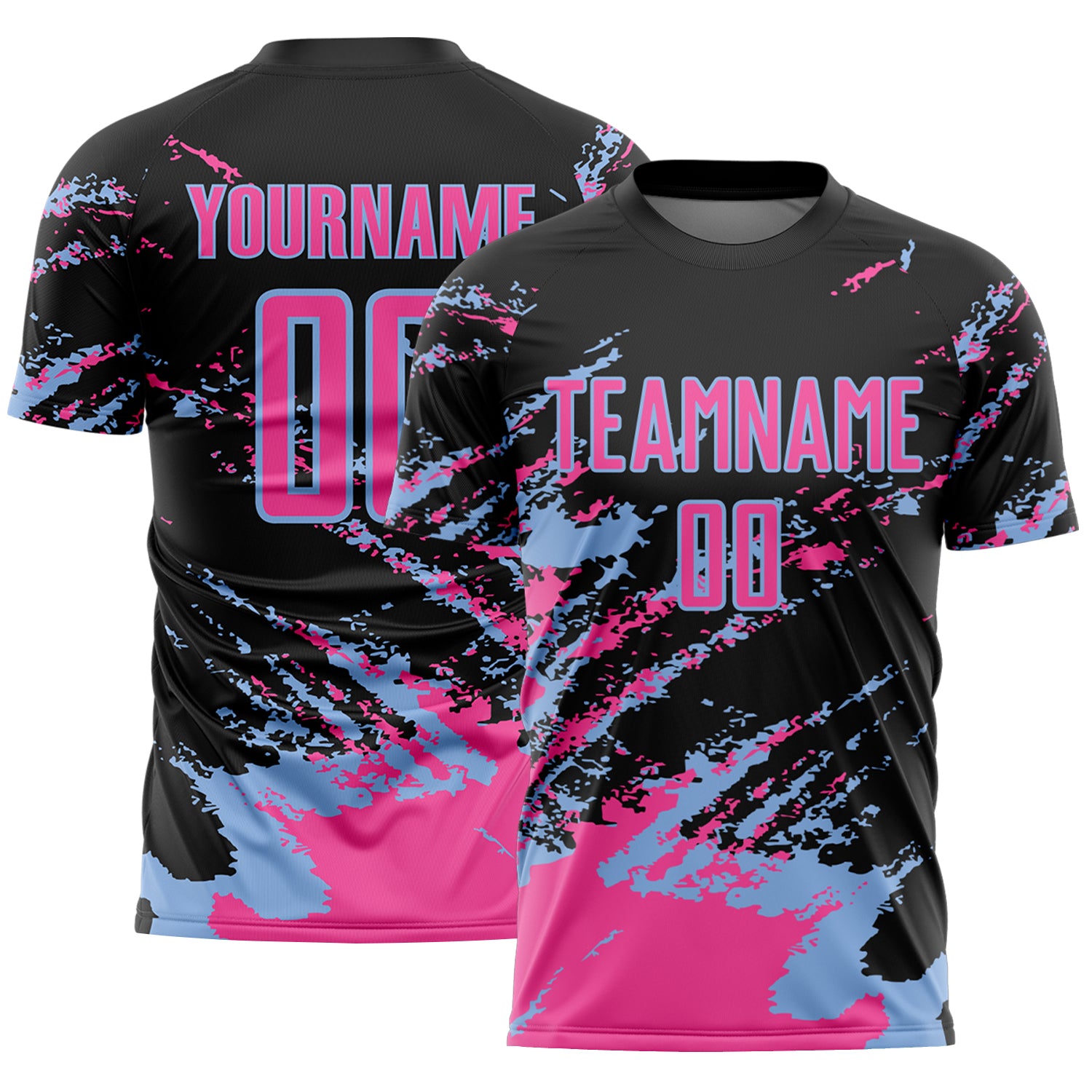 Custom Black Pink-Light Blue Abstract Fragment Art Splash Sports Sublimation Soccer Uniform Jersey