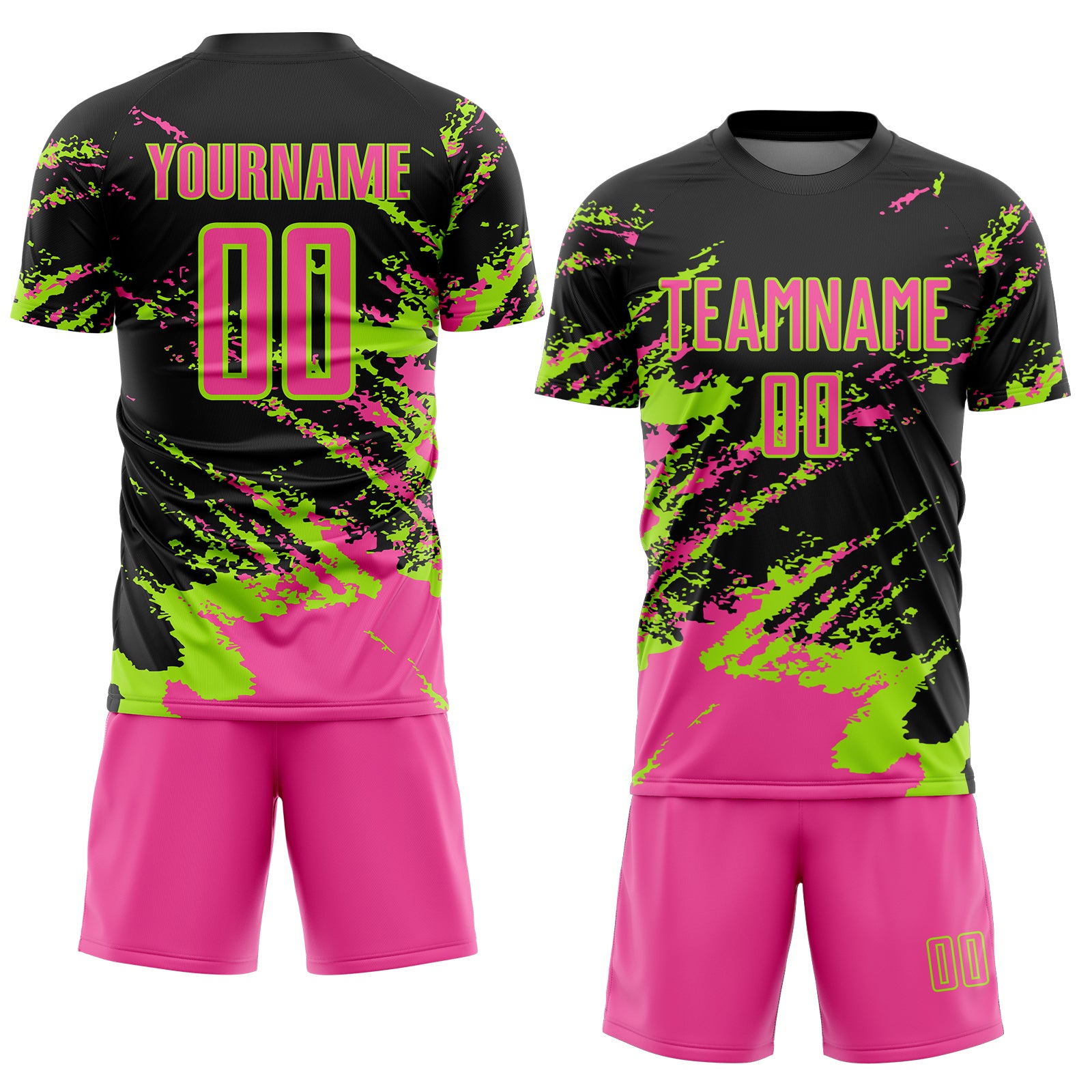 Custom Black Pink-Neon Green Abstract Fragment Art Splash Sports Sublimation Soccer Uniform Jersey