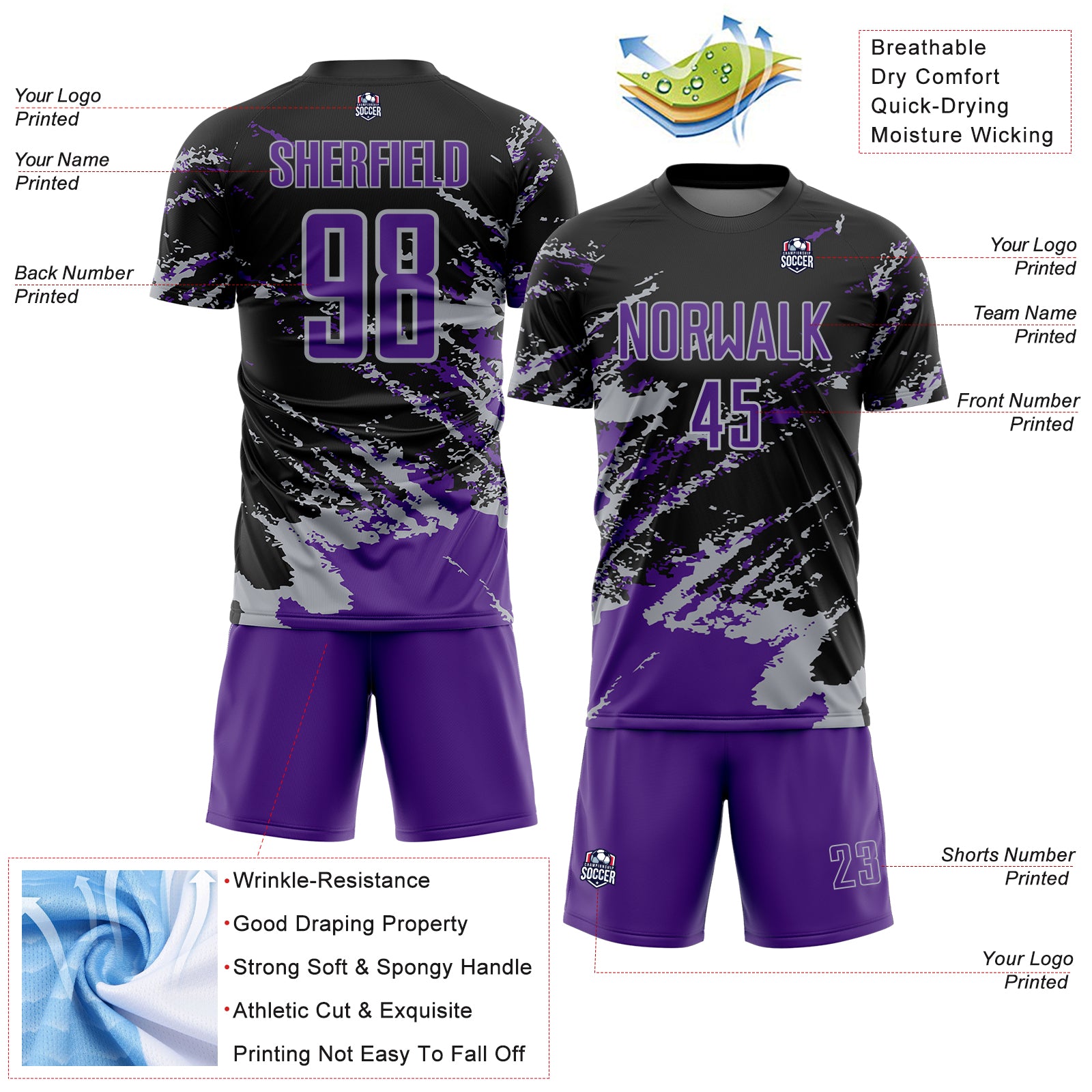 Custom Black Purple-Gray Abstract Fragment Art Splash Sports Sublimation Soccer Uniform Jersey