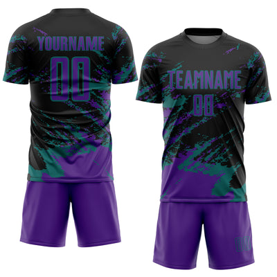 Custom Black Purple-Teal Abstract Fragment Art Splash Sports Sublimation Soccer Uniform Jersey