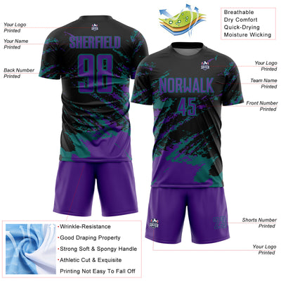 Custom Black Purple-Teal Abstract Fragment Art Splash Sports Sublimation Soccer Uniform Jersey
