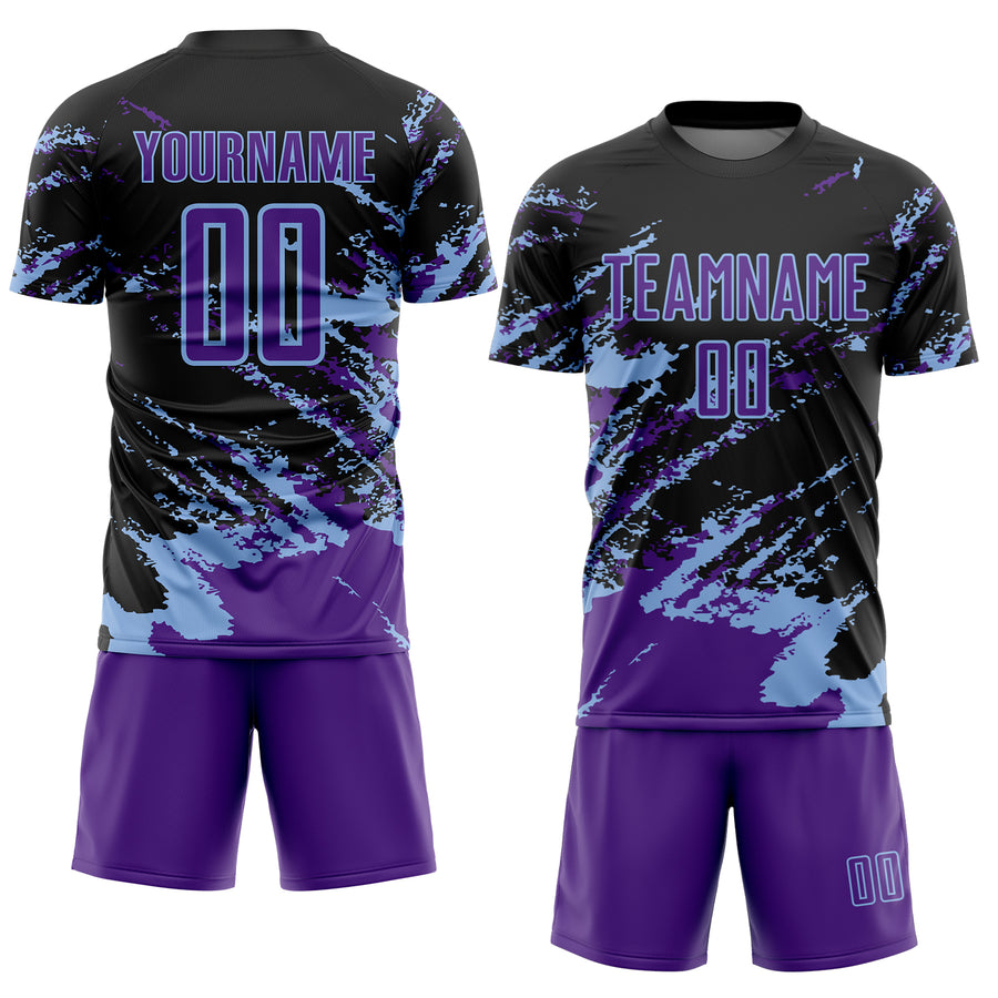 Custom Black Purple-Light Blue Abstract Fragment Art Splash Sports Sublimation Soccer Uniform Jersey