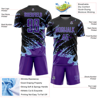 Custom Black Purple-Light Blue Abstract Fragment Art Splash Sports Sublimation Soccer Uniform Jersey