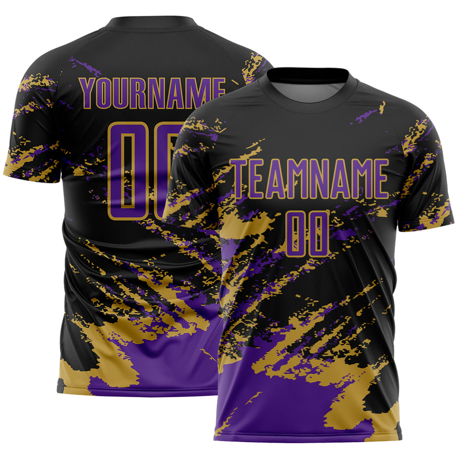 Custom Black Purple-Old Gold Abstract Fragment Art Splash Sports Sublimation Soccer Uniform Jersey