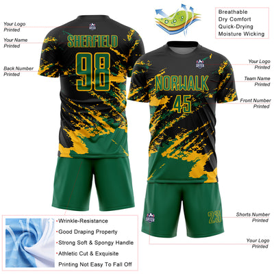 Custom Black Kelly Green-Gold Abstract Fragment Art Splash Sports Sublimation Soccer Uniform Jersey