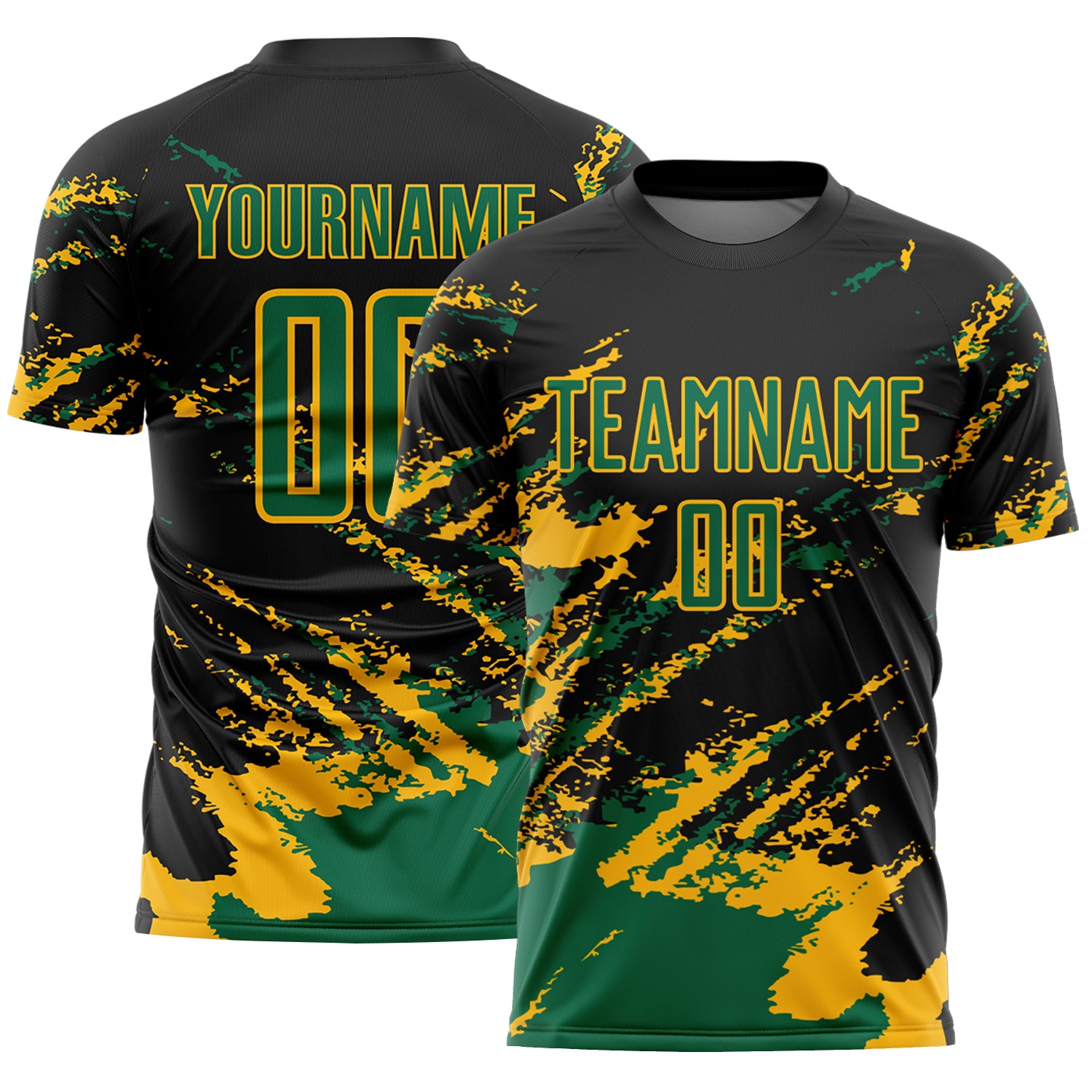Custom Black Kelly Green-Gold Abstract Fragment Art Splash Sports Sublimation Soccer Uniform Jersey
