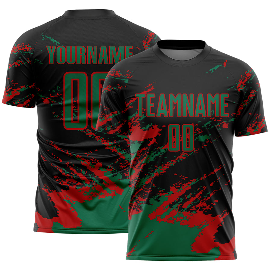 Custom Black Kelly Green-Red Abstract Fragment Art Splash Sports Sublimation Soccer Uniform Jersey