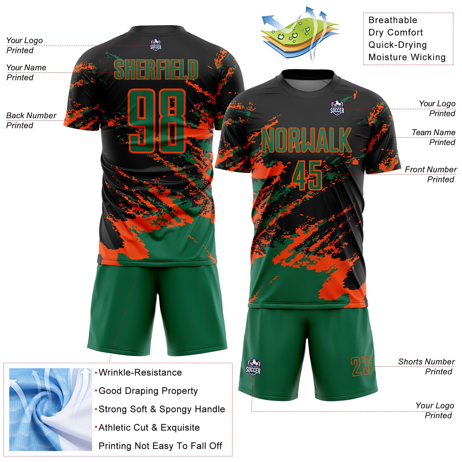 Custom Black Kelly Green-Orange Abstract Fragment Art Splash Sports Sublimation Soccer Uniform Jersey