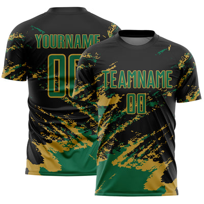 Custom Black Kelly Green-Old Gold Abstract Fragment Art Splash Sports Sublimation Soccer Uniform Jersey