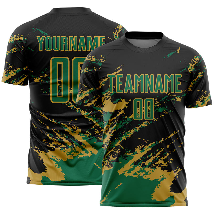 Custom Black Kelly Green-Old Gold Abstract Fragment Art Splash Sports Sublimation Soccer Uniform Jersey