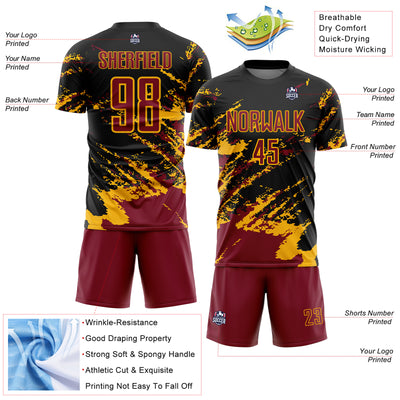 Custom Black Crimson-Gold Abstract Fragment Art Splash Sports Sublimation Soccer Uniform Jersey