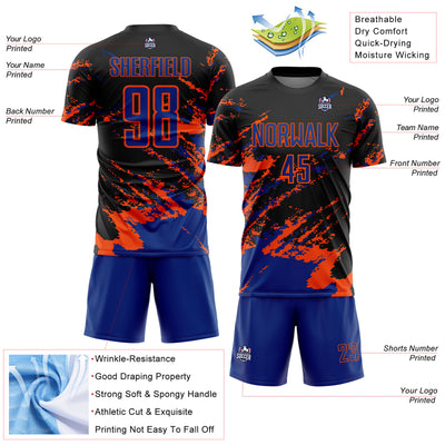 Custom Black Royal-Orange Abstract Fragment Art Splash Sports Sublimation Soccer Uniform Jersey
