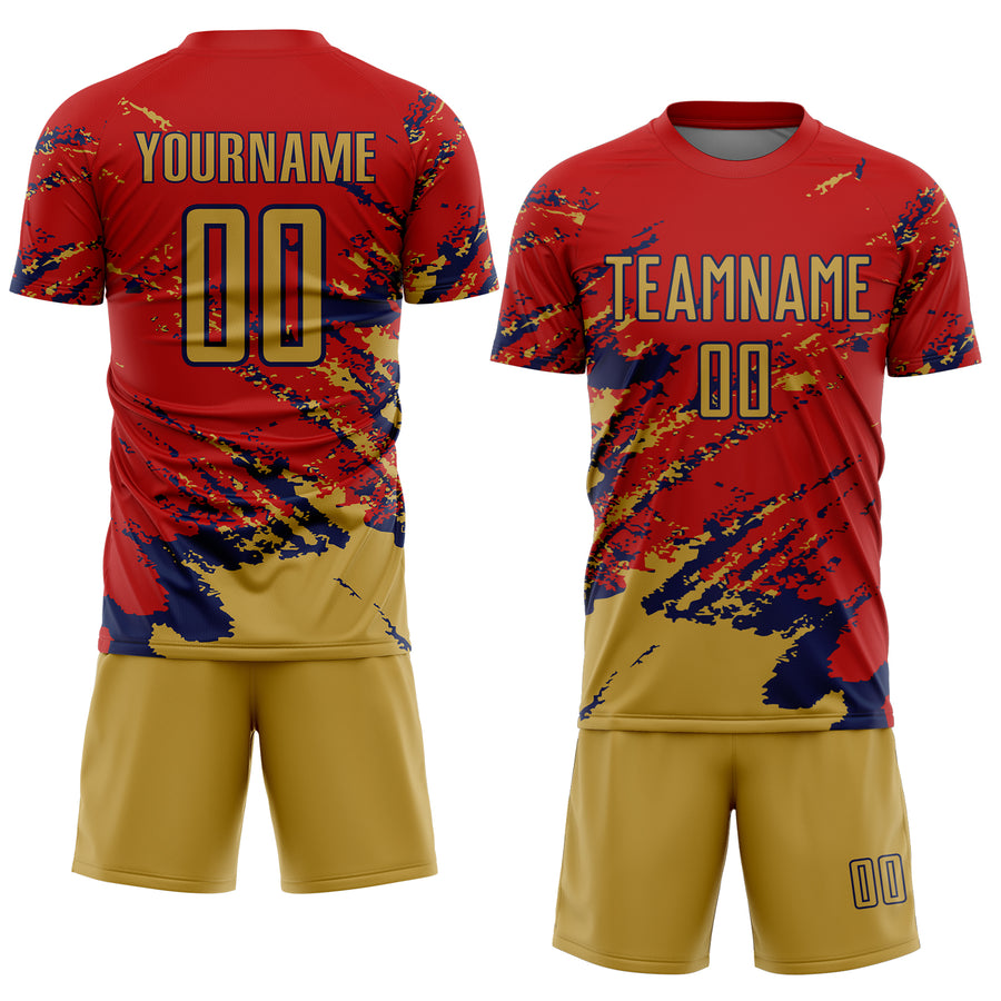 Custom Red Old Gold-Navy Abstract Fragment Art Splash Sports Sublimation Soccer Uniform Jersey