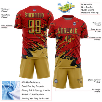 Custom Red Old Gold-Black Abstract Fragment Art Splash Sports Sublimation Soccer Uniform Jersey