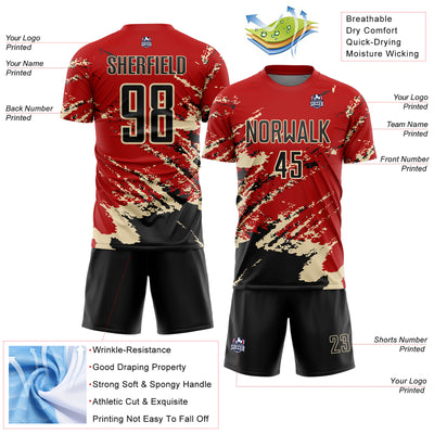 Custom Red Black-Cream Abstract Fragment Art Splash Sports Sublimation Soccer Uniform Jersey