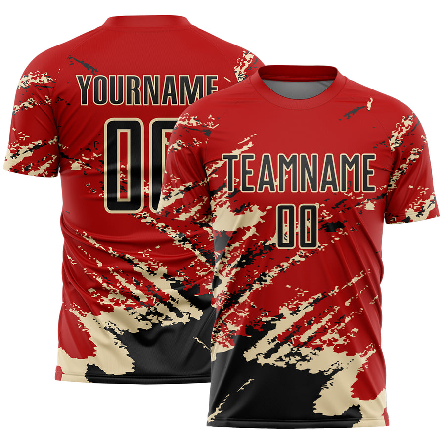 Custom Red Black-Cream Abstract Fragment Art Splash Sports Sublimation Soccer Uniform Jersey