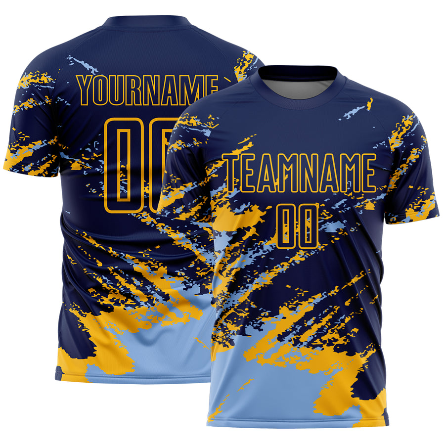 Custom Navy Light Blue-Gold Abstract Fragment Art Splash Sports Sublimation Soccer Uniform Jersey