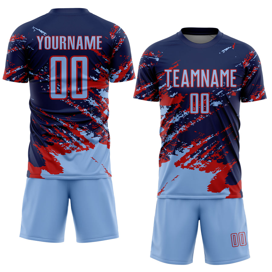 Custom Navy Light Blue-Red Abstract Fragment Art Splash Sports Sublimation Soccer Uniform Jersey