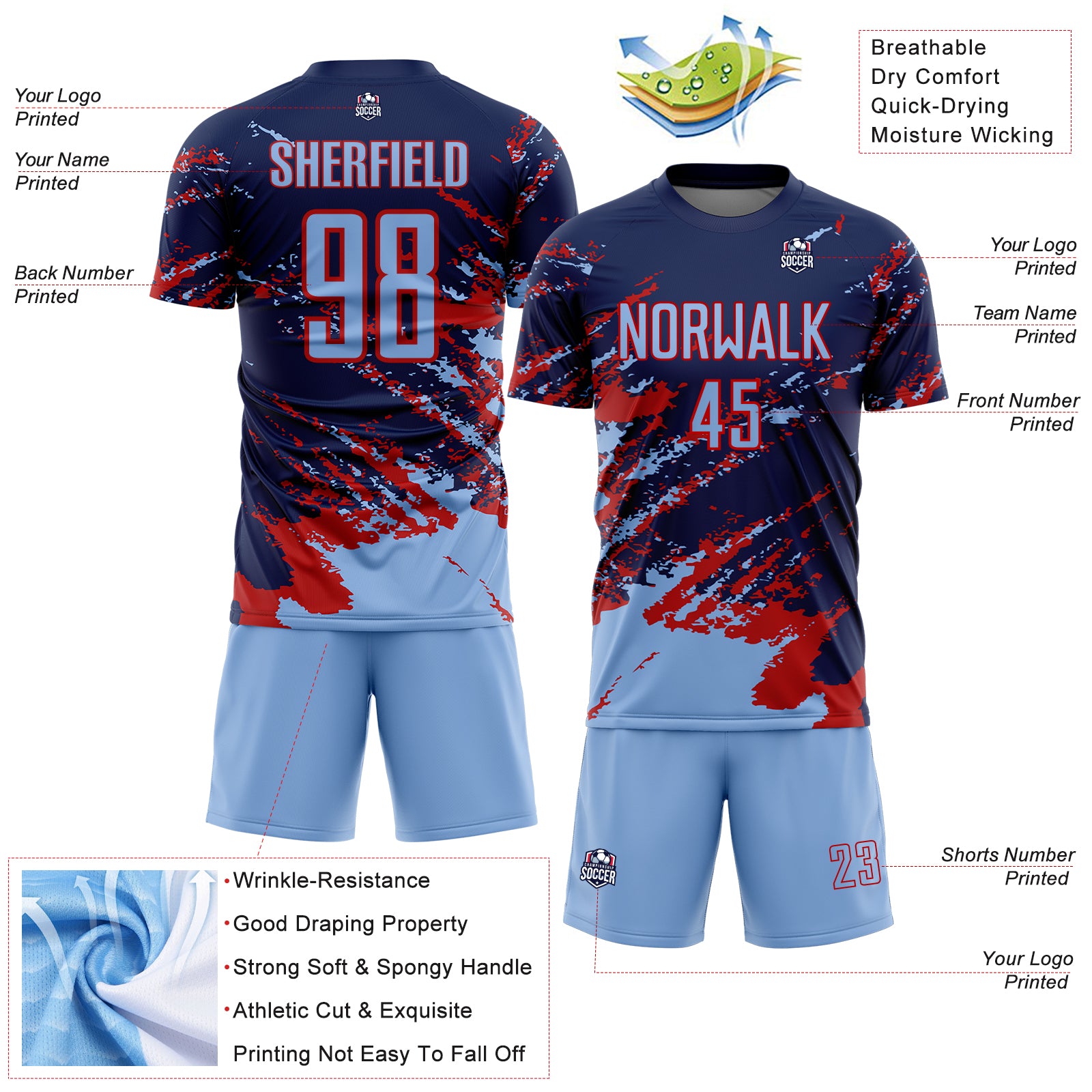 Custom Navy Light Blue-Red Abstract Fragment Art Splash Sports Sublimation Soccer Uniform Jersey