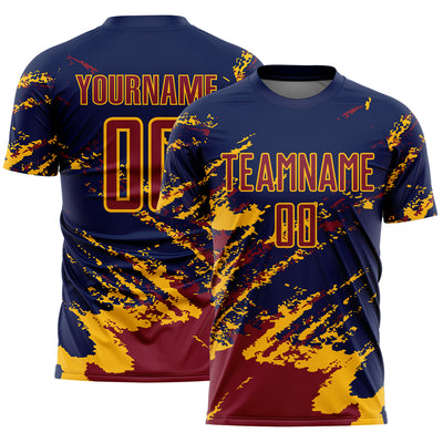 Custom Navy Crimson-Gold Abstract Fragment Art Splash Sports Sublimation Soccer Uniform Jersey