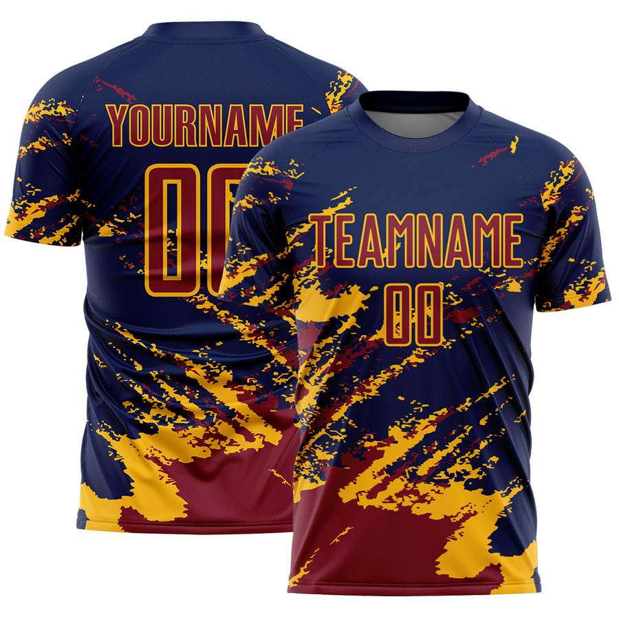 Custom Navy Crimson-Gold Abstract Fragment Art Splash Sports Sublimation Soccer Uniform Jersey