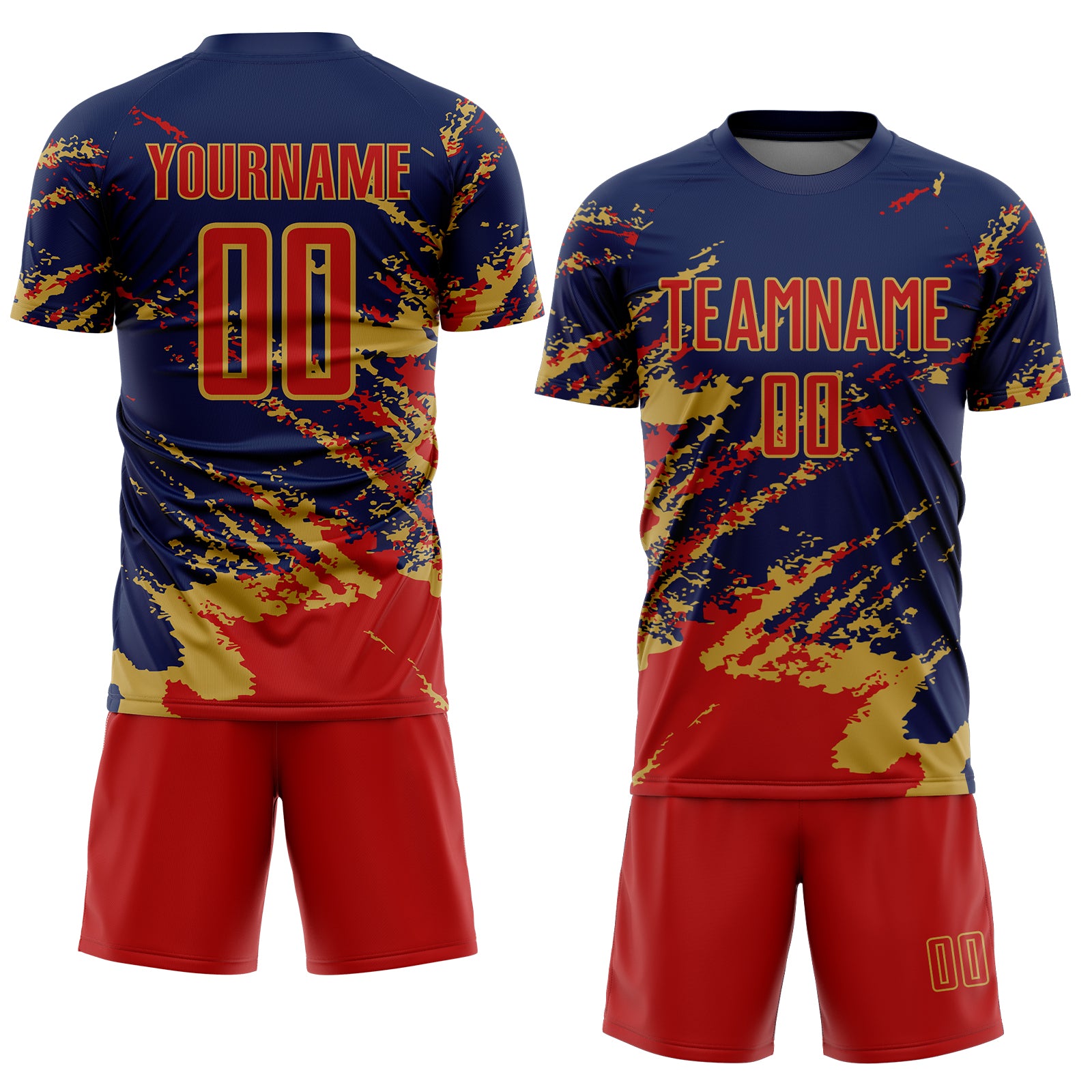 Custom Navy Red-Old Gold Abstract Fragment Art Splash Sports Sublimation Soccer Uniform Jersey