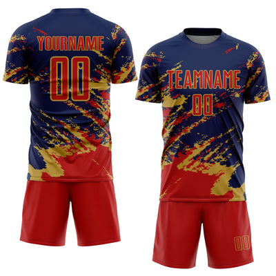 Custom Navy Red-Old Gold Abstract Fragment Art Splash Sports Sublimation Soccer Uniform Jersey