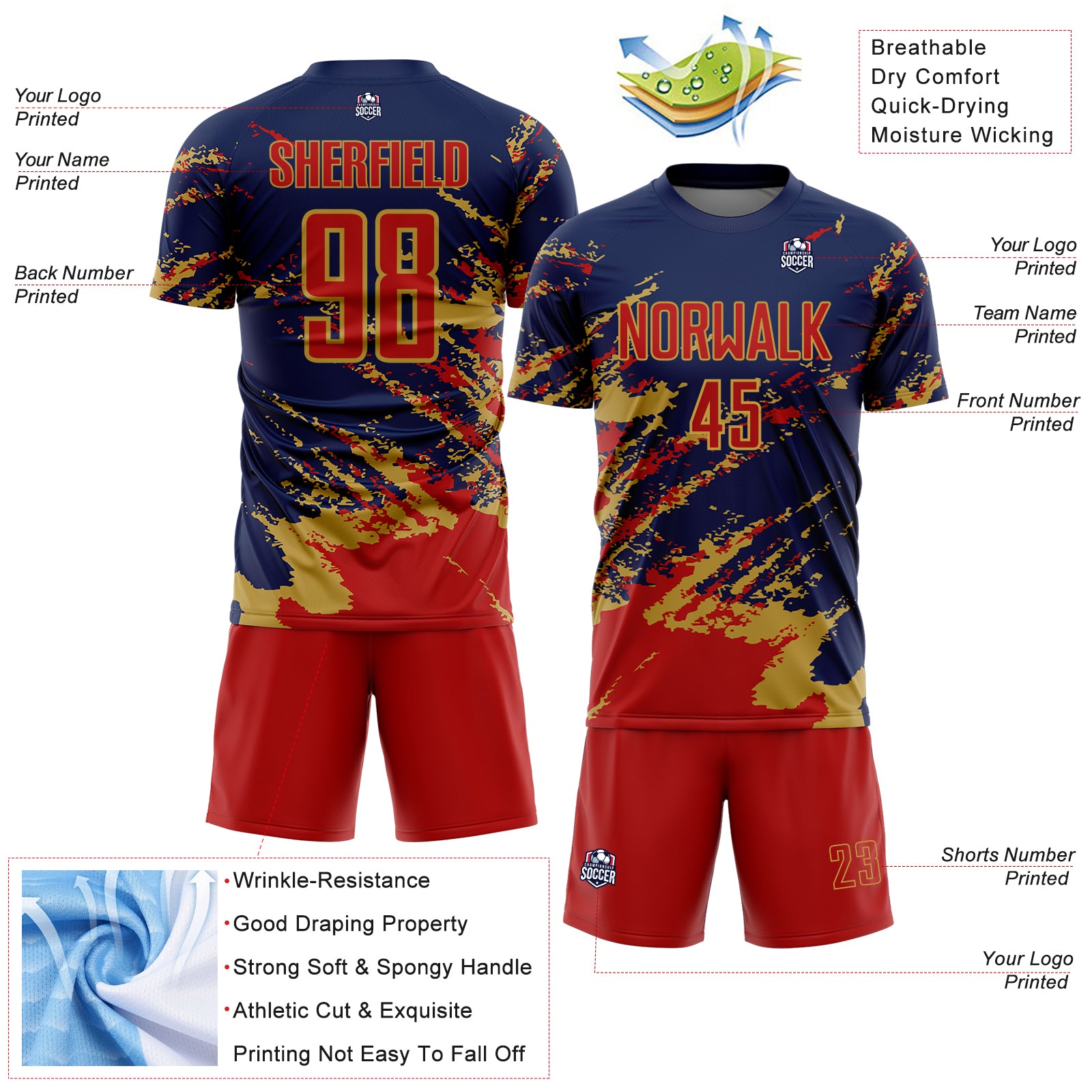 Custom Navy Red-Old Gold Abstract Fragment Art Splash Sports Sublimation Soccer Uniform Jersey