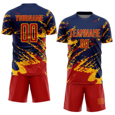 Custom Navy Red-Gold Abstract Fragment Art Splash Sports Sublimation Soccer Uniform Jersey
