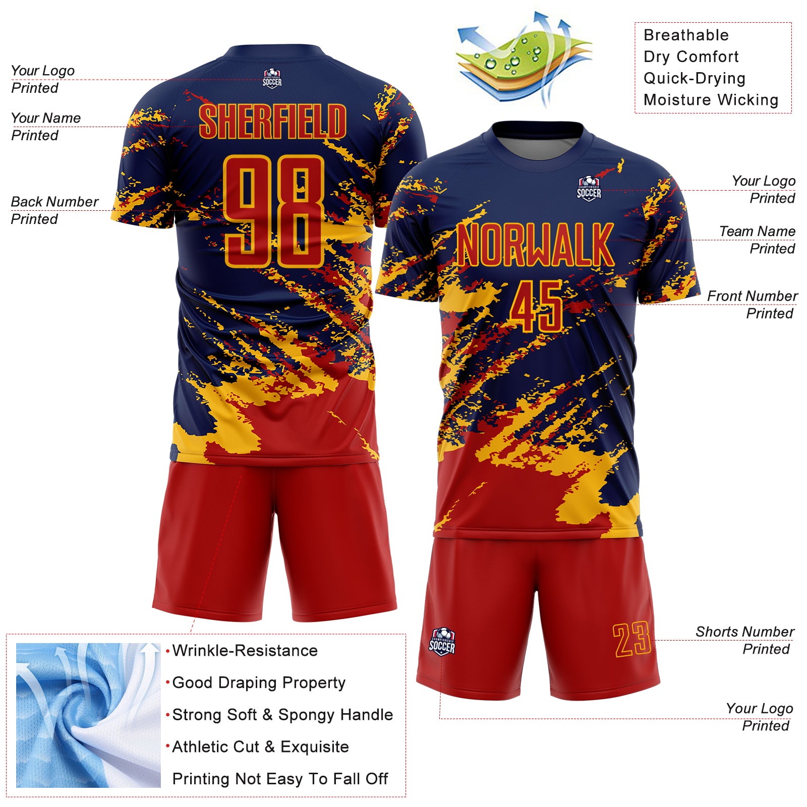 Custom Navy Red-Gold Abstract Fragment Art Splash Sports Sublimation Soccer Uniform Jersey