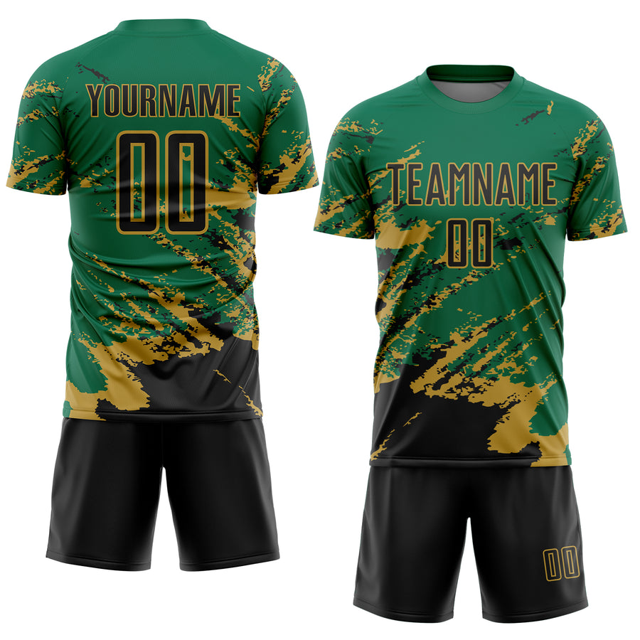 Custom Kelly Green Black-Old Gold Abstract Fragment Art Splash Sports Sublimation Soccer Uniform Jersey