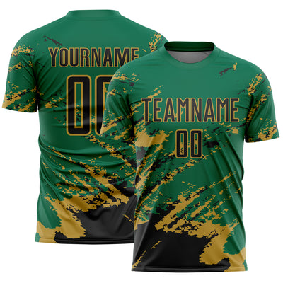 Custom Kelly Green Black-Old Gold Abstract Fragment Art Splash Sports Sublimation Soccer Uniform Jersey