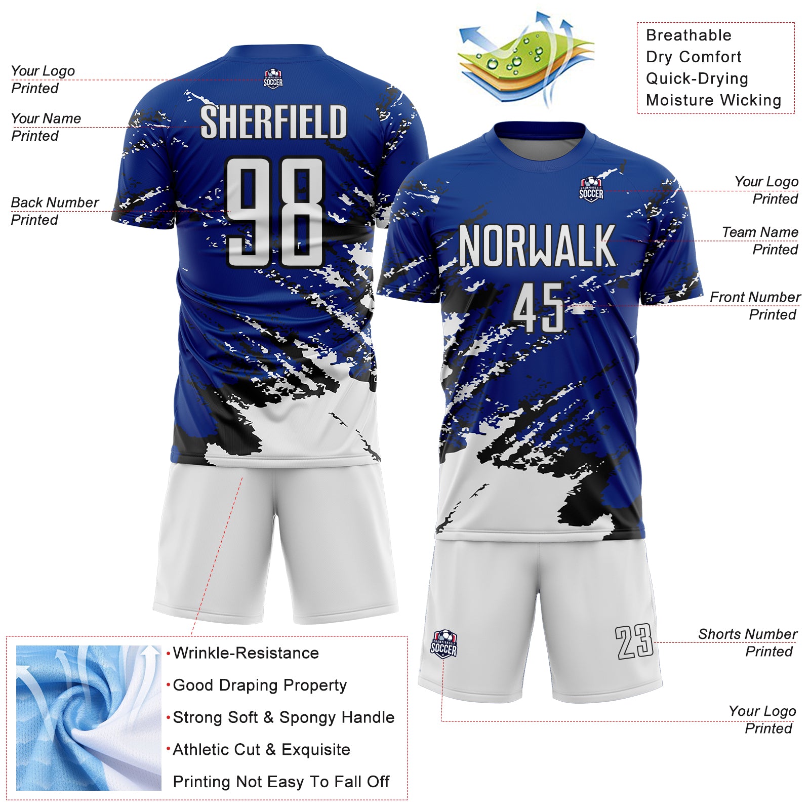 Custom Royal White-Black Abstract Fragment Art Splash Sports Sublimation Soccer Uniform Jersey