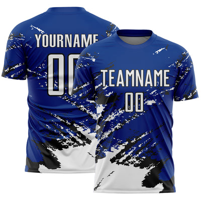 Custom Royal White-Black Abstract Fragment Art Splash Sports Sublimation Soccer Uniform Jersey