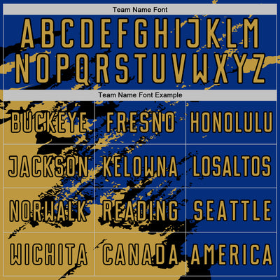 Custom Royal Old Gold-Black Abstract Fragment Art Splash Sports Sublimation Soccer Uniform Jersey