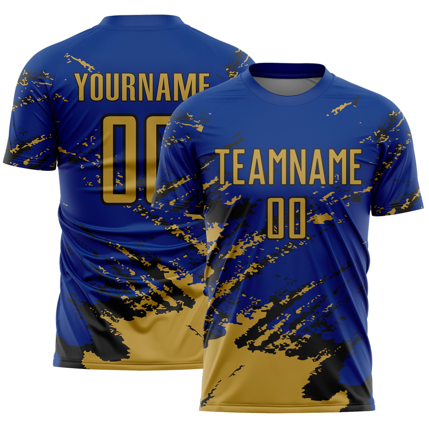 Custom Royal Old Gold-Black Abstract Fragment Art Splash Sports Sublimation Soccer Uniform Jersey