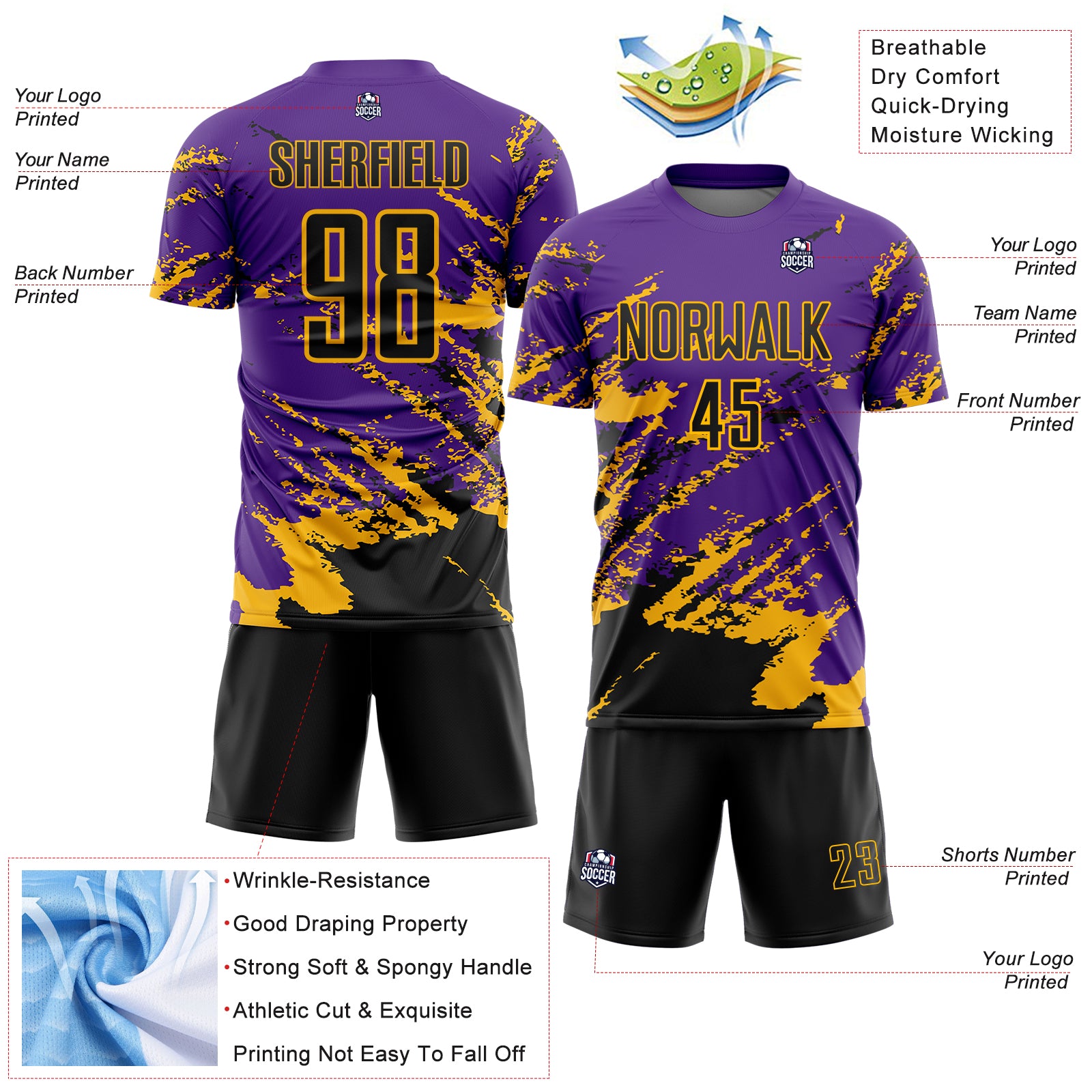 Custom Purple Black-Gold Abstract Fragment Art Splash Sports Sublimation Soccer Uniform Jersey