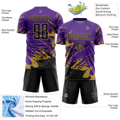 Custom Purple Black-Old Gold Abstract Fragment Art Splash Sports Sublimation Soccer Uniform Jersey