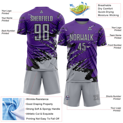 Custom Purple Gray-Black Abstract Fragment Art Splash Sports Sublimation Soccer Uniform Jersey